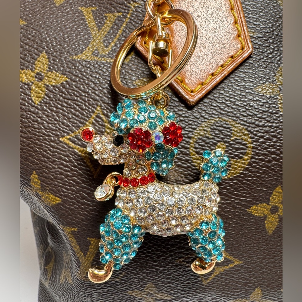 Blue & Silver Poodle Dog Bag Charm/Keychain w/Crystals | Whimsical Bag Charm